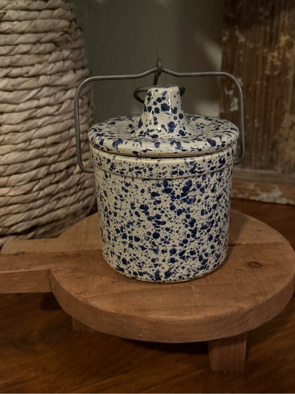 Vintage Spongeware Crock with Lid & Handle | Small Stoneware Pickling Jar
